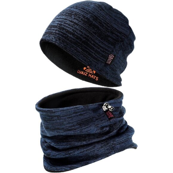 Unisex Black Blue Knit Fleece-Lined Ski Cap & Neck Gaiter Set